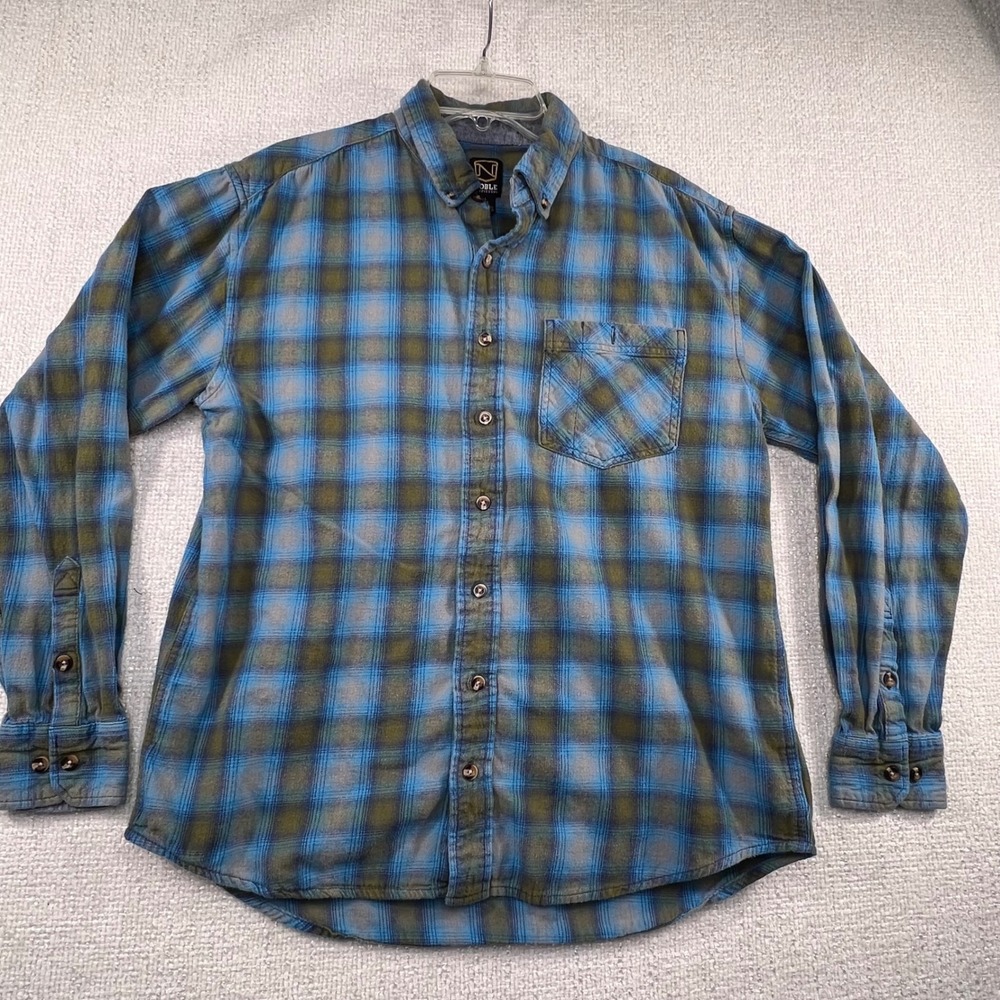 Noble Outfitters Mens‎ Blue Olive Green Plaid Flannel Button Down Shirt Large
